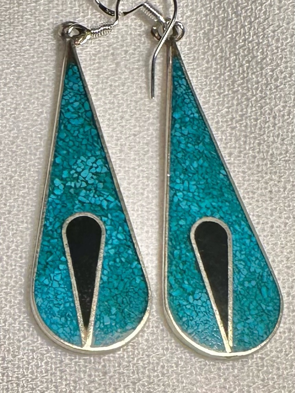 Alpaca Mexico Stamped Turquoise Teardrop Inlay Earrings - 1  7/8”